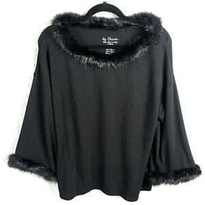 Chico’s Size O Black Faux Fur Trim Long Sleeve Dressy Party Top Size S